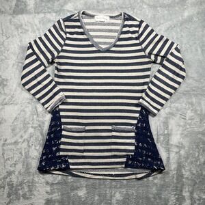 French Laundry Striped Lace Trim Tunic Top Womens V Neck Pockets Size M